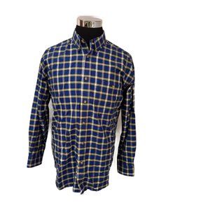 Orvis Mens Large Blue Yellow Stripe Long Sleeve Button Up Soft Shirt